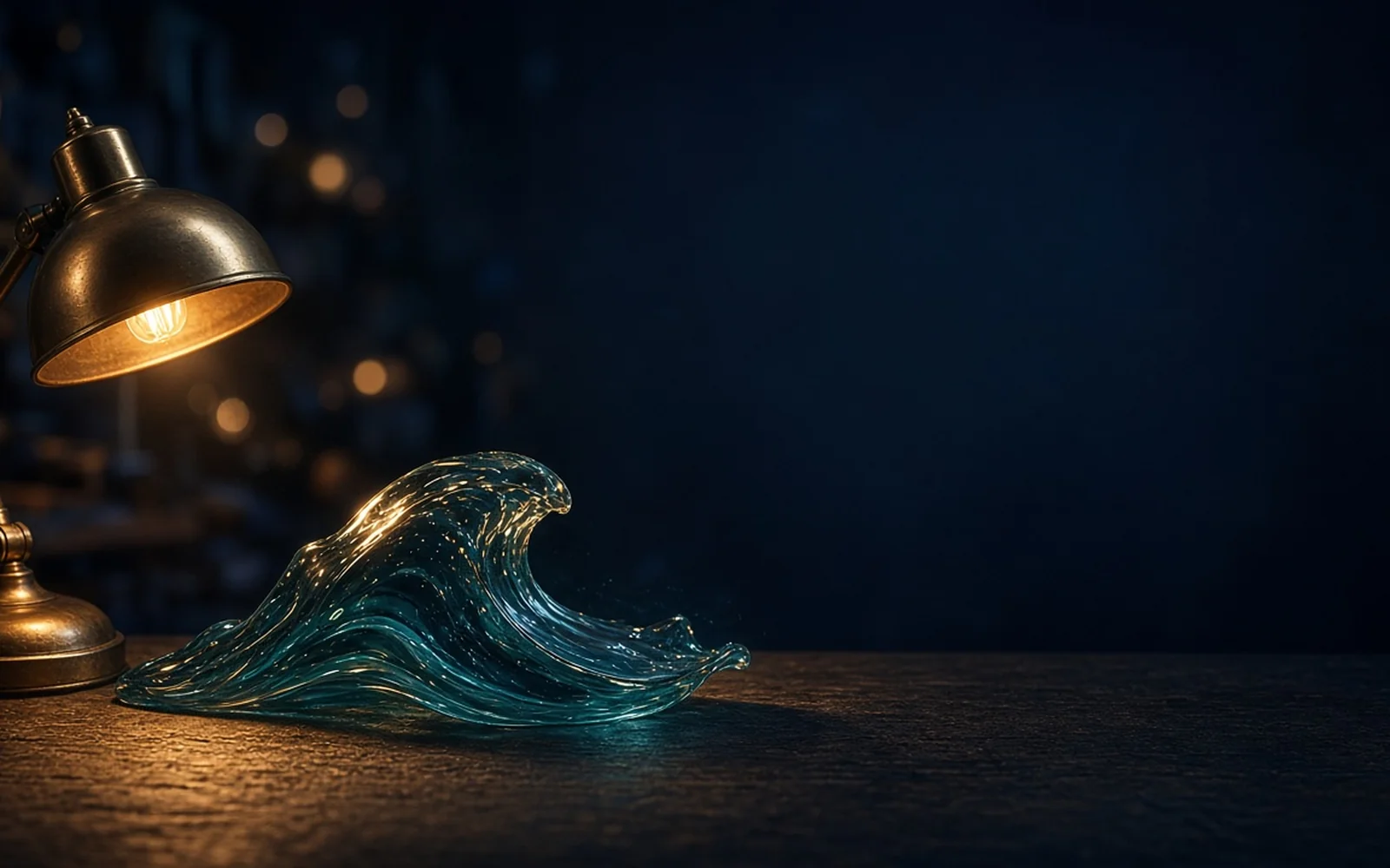 A warm pool of light falls across a handcrafted glass wave sculpture
